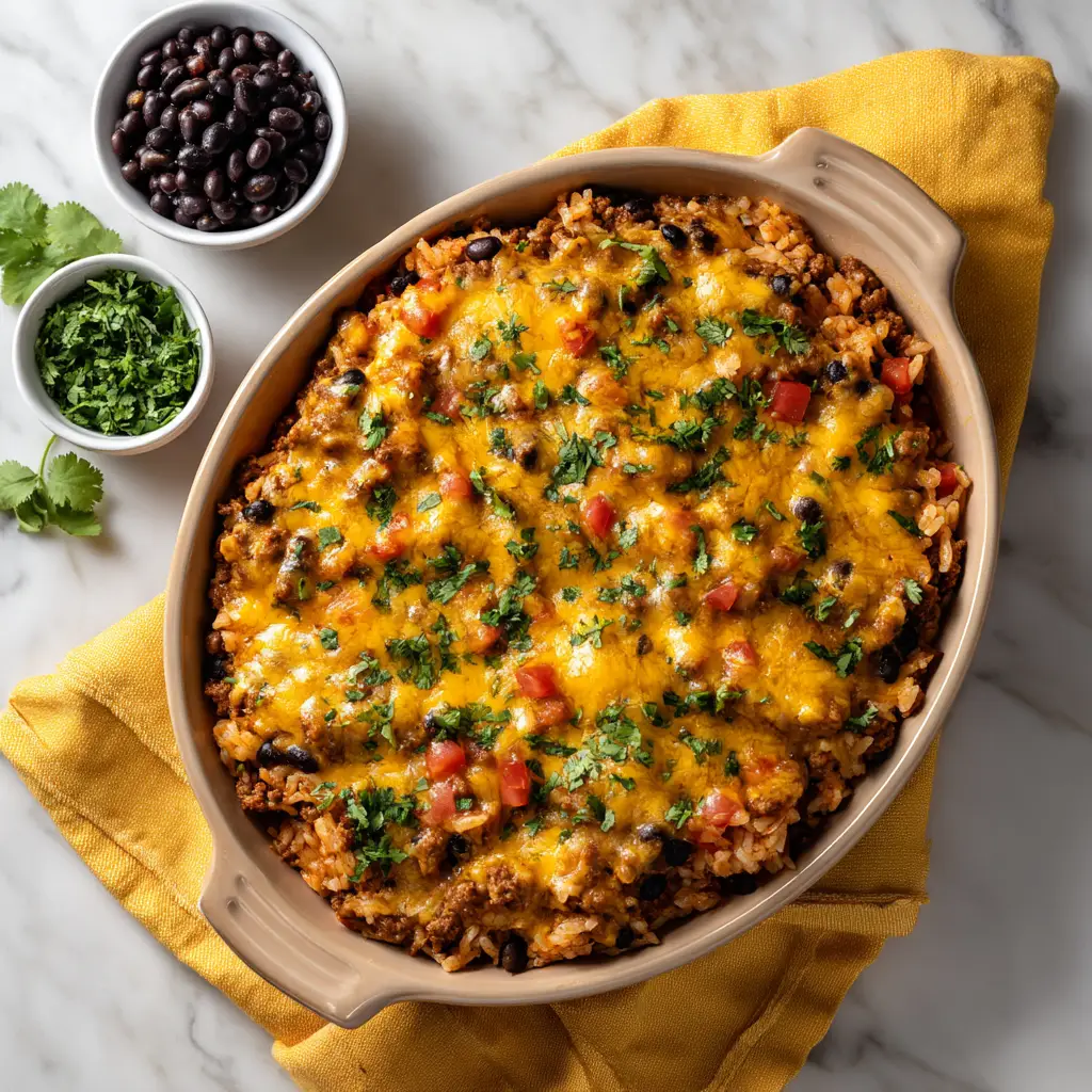 A close-up slice of the finished layered beef bake on a plate, showcasing the melted cheese and hearty filling.