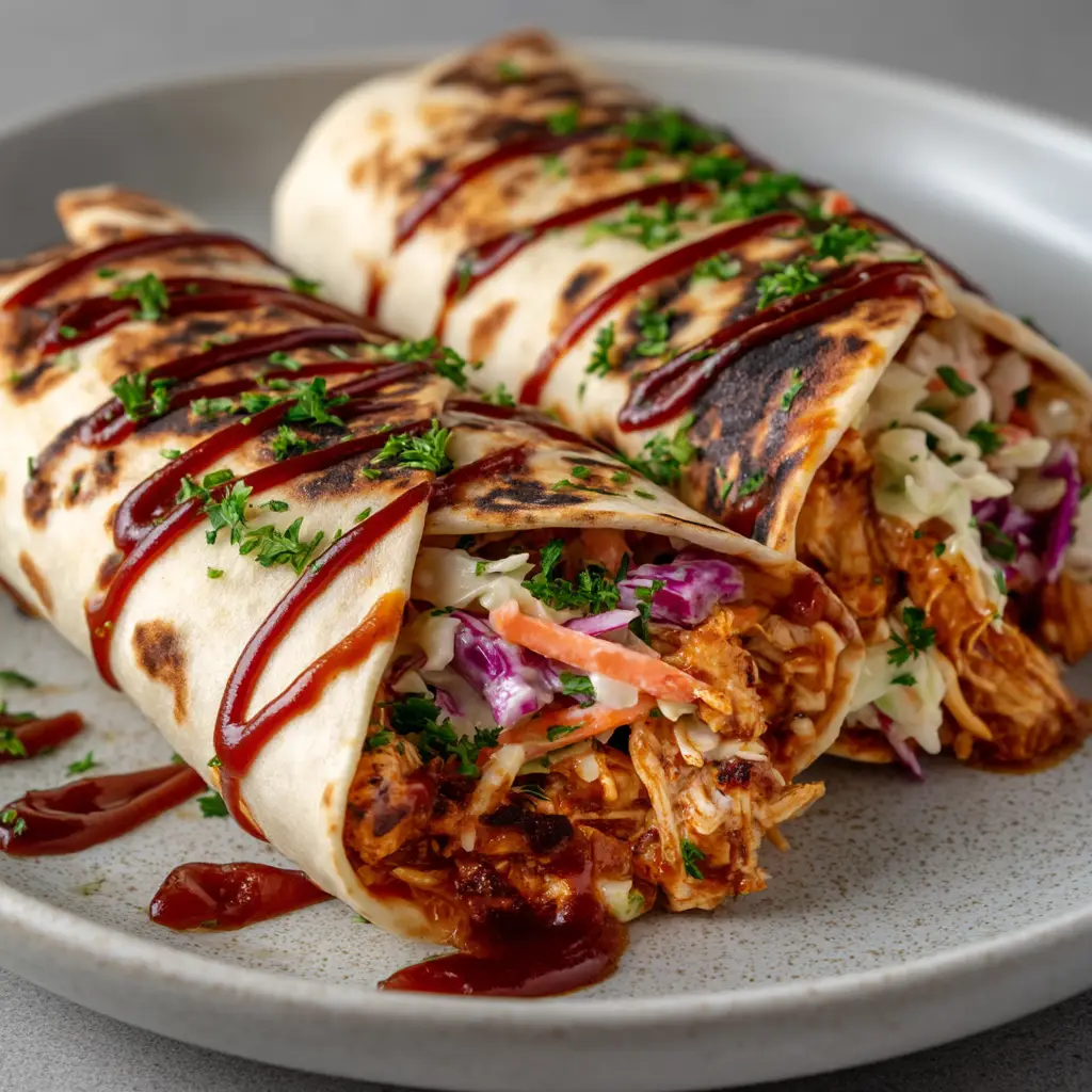 A shot of two BBQ chicken coleslaw wraps sliced in half on a wooden board, showcasing the vibrant interior.