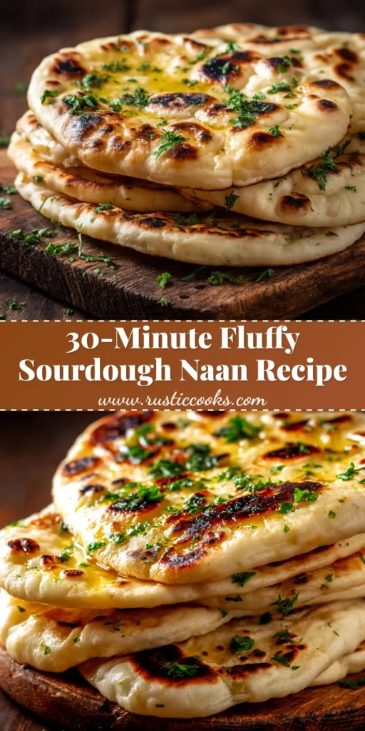A stack of homemade naan made from a sourdough discard naan recipe, brushed with garlic butter and herbs, ready to be served.