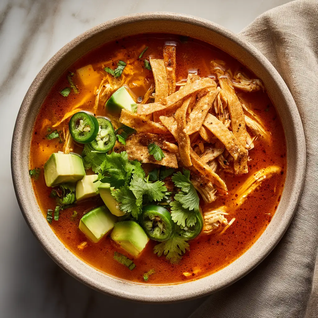 A finished bowl of spicy chicken tortilla soup, generously topped with shredded cheese, a dollop of sour cream, and fresh cilantro.