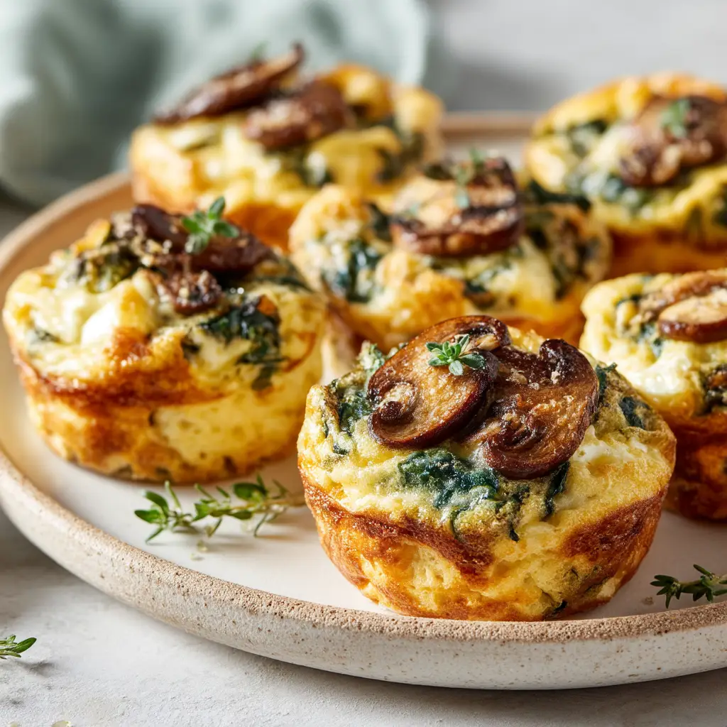 A single spinach and mushroom quiche muffin cut in half to show the rich, savory filling of eggs, cheese, and vegetables.