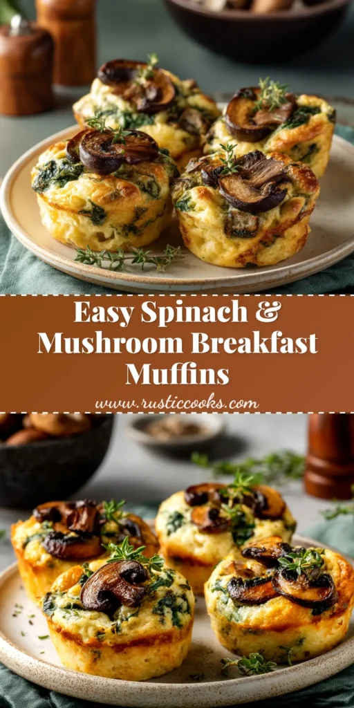 A platter of golden-brown spinach and mushroom quiche muffins, perfect for a make-ahead breakfast or brunch. One muffin is broken in half to show the fluffy egg and savory filling.