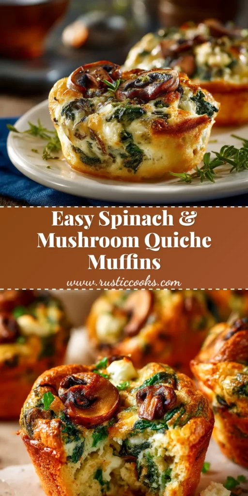 A close up shot of perfectly golden Spinach and Mushroom Quiche Muffins on a rustic wooden board, ready to be eaten.