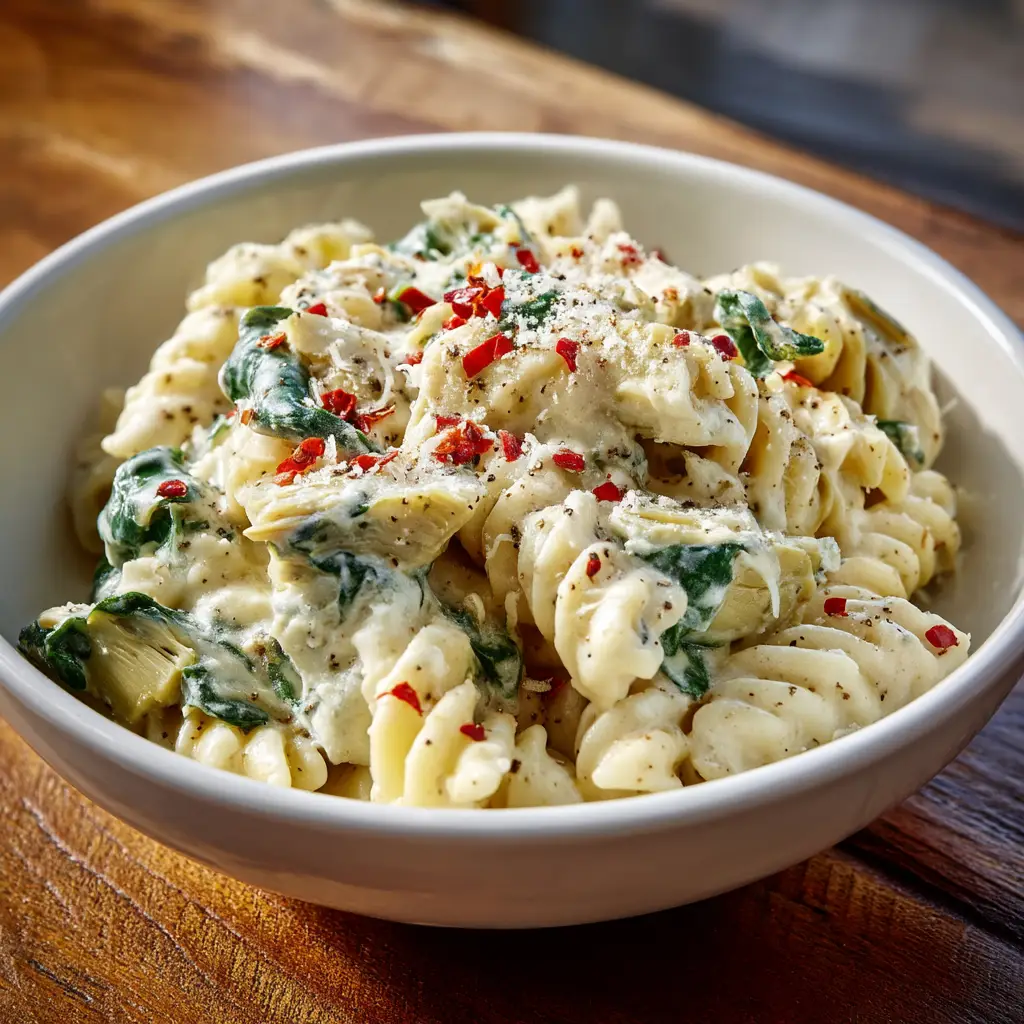 A fork twirling a bite of Spinach Artichoke Dip Pasta from a white bowl, showcasing the melted cheese and tender pasta.