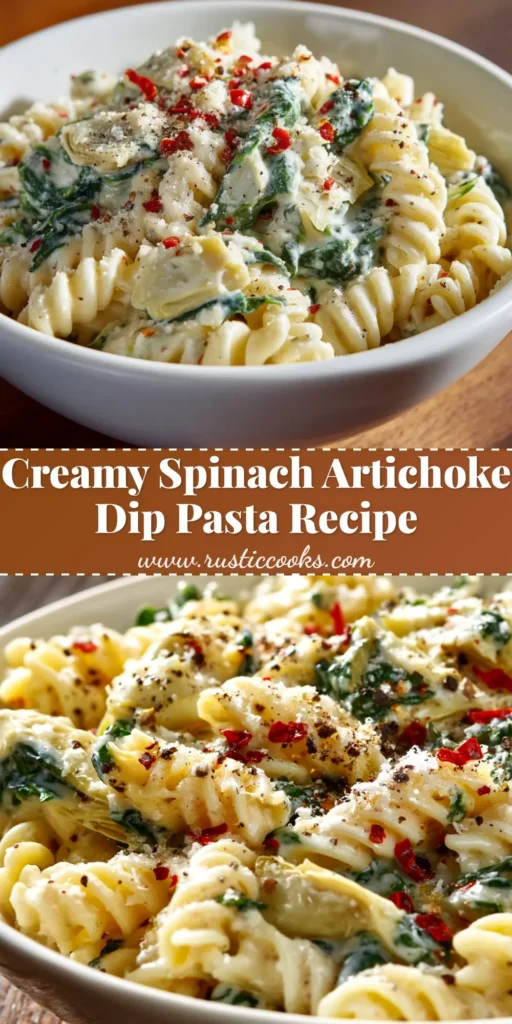 A top-down view of creamy Spinach Artichoke Dip Pasta in a white bowl, garnished with fresh parsley. The pasta is coated in a rich, cheesy white sauce with visible pieces of spinach and artichoke.