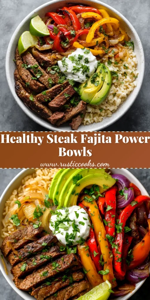 A vibrant and healthy Steak Fajita Power Bowl, packed with seasoned steak, colorful peppers, and fresh toppings. Perfect for a quick dinner or meal prep.