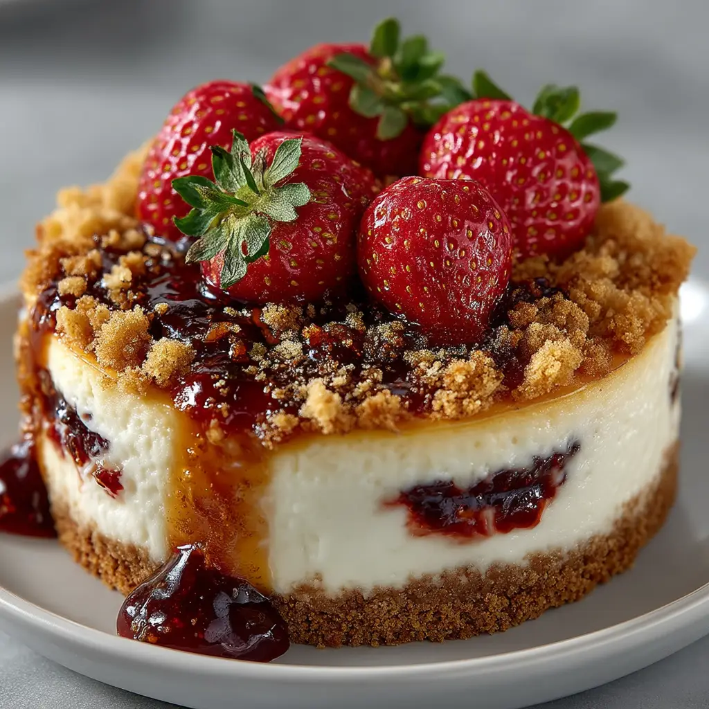 Pouring the creamy cheesecake filling into the prepared graham cracker crust before adding the strawberry crumble topping.