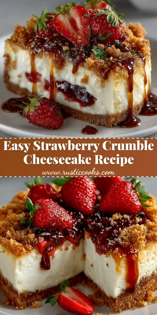 A close-up shot of a perfect slice of strawberry crumble cheesecake on a white plate, showcasing the creamy filling and crunchy streusel topping.