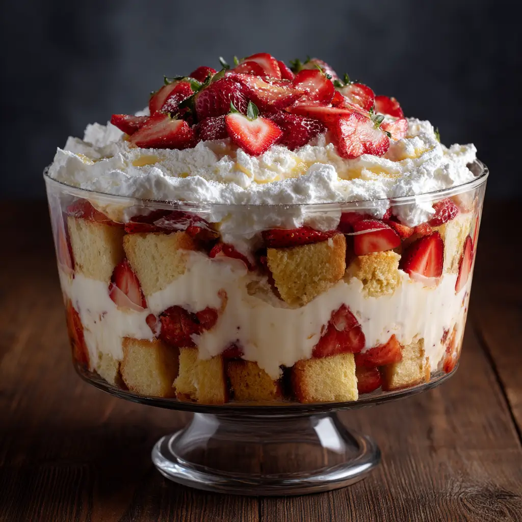 A close-up view of the strawberry trifle layers, showing the cubed pound cake, creamy custard, and sliced strawberries.