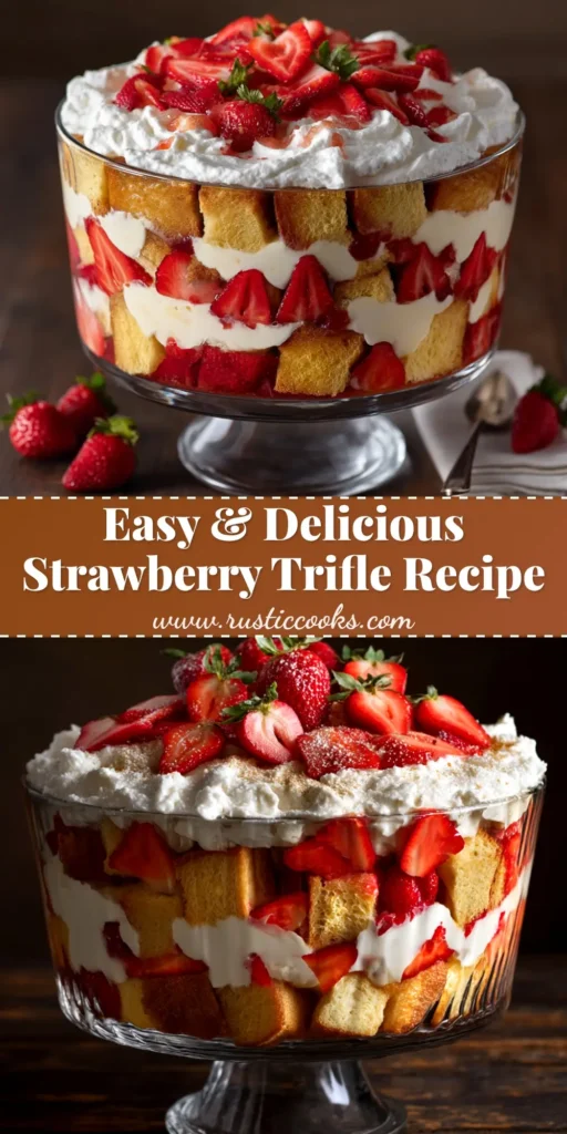 A beautiful, layered Strawberry Trifle in a large glass bowl, topped with whipped cream and fresh strawberries. A perfect no-bake summer dessert.