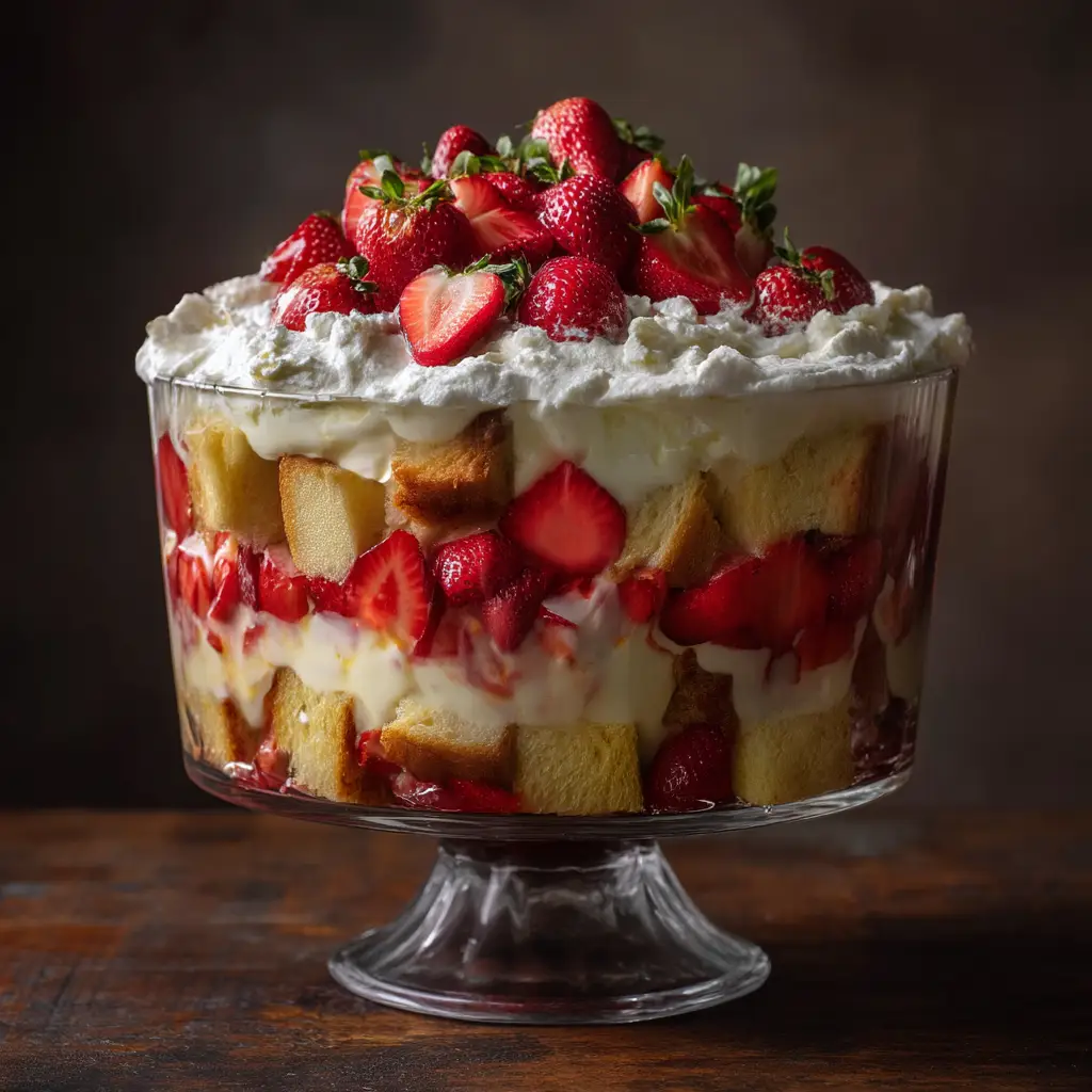 A single serving of strawberry trifle in a dessert glass, showing off the beautiful layers and creamy texture.