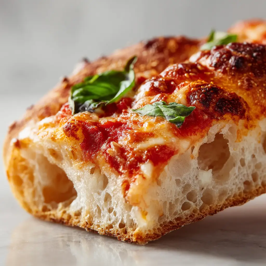 A close-up shot of a hand stretching the smooth, elastic sourdough discard pizza dough on a floured surface before topping.