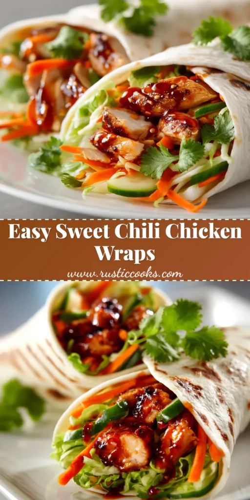 Delicious and easy Sweet Chili Chicken Wraps sliced in half and stacked on a plate, ready to be eaten. A perfect quick dinner recipe.