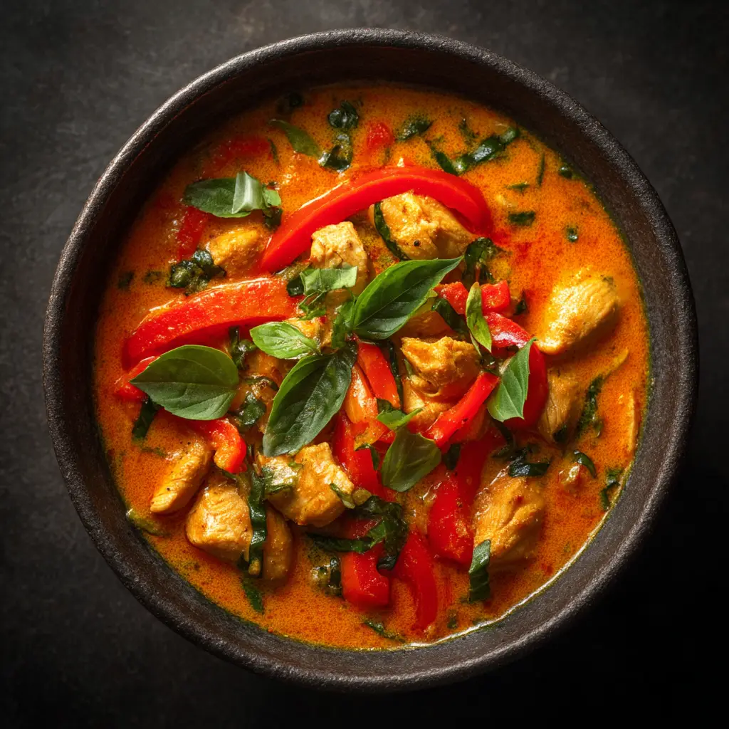 A stunning overhead view of a finished bowl of Thai Coconut Curry Chicken, showing the complete dish ready to be served over rice.