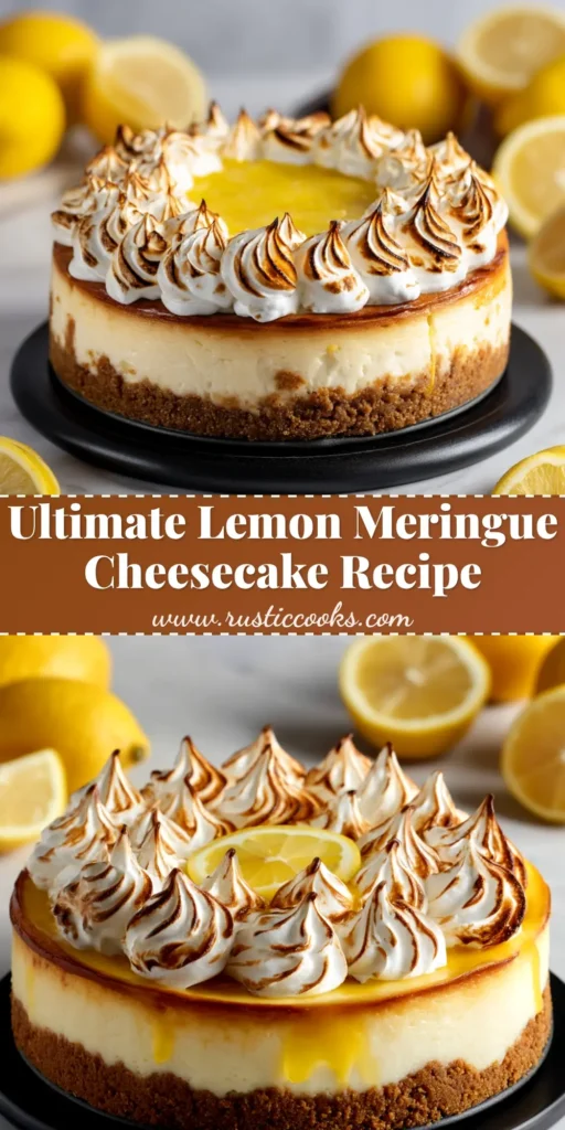 A stunning slice of Triple Lemon Meringue Cheesecake on a white plate, showcasing layers of graham cracker crust, creamy cheesecake, yellow lemon curd, and toasted meringue.