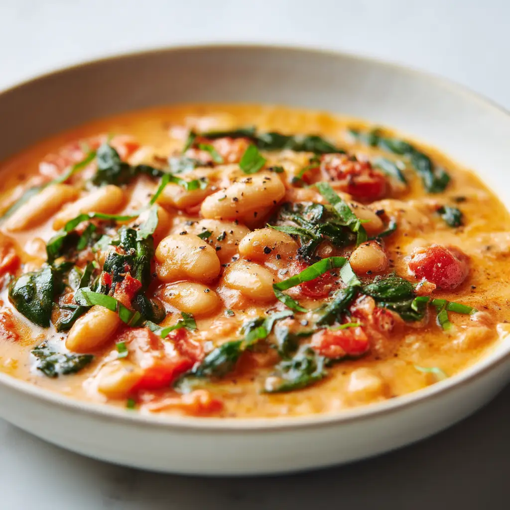 A rustic bowl of finished Tuscan-style white bean stew garnished with parmesan cheese and fresh herbs, ready to be eaten.