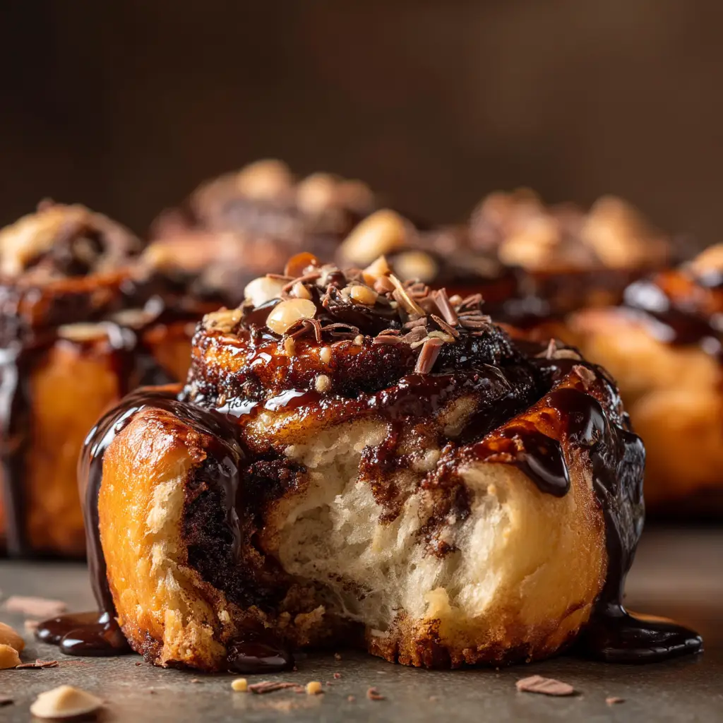 A shot of the assembled chocolate cinnamon rolls cut and arranged in a baking pan, ready for their second rise before baking.