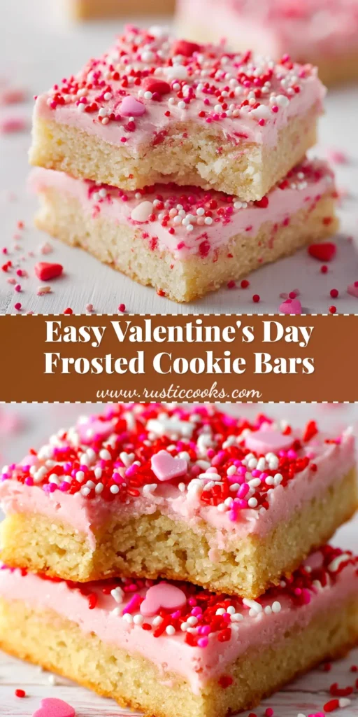 A pan of delicious Valentine's Day cookie bars with pink cream cheese frosting and festive heart sprinkles, with one bar cut out.