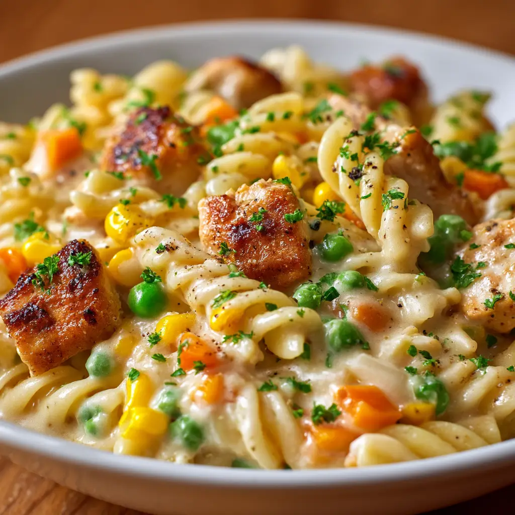 A large pot filled with creamy chicken pot pie pasta, ready to be served for a weeknight family dinner.