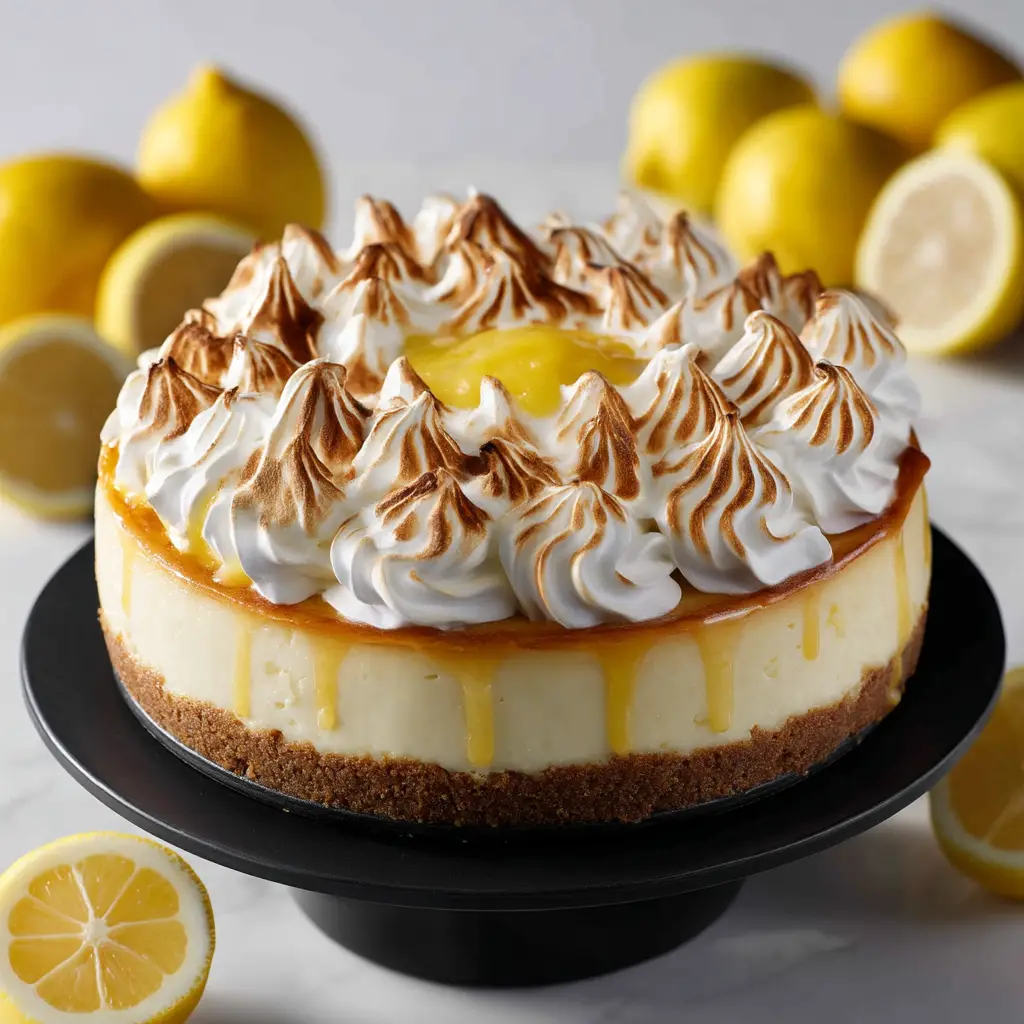 A whole Triple Lemon Meringue Cheesecake on a cake stand, with beautifully swirled and toasted meringue topping.