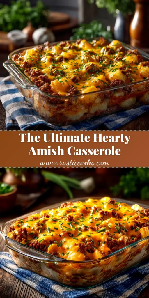 A top-down view of a hearty Amish Casserole in a baking dish. The casserole features egg noodles and ground beef in a creamy sauce, topped with melted golden-brown cheese and garnished with fresh parsley.