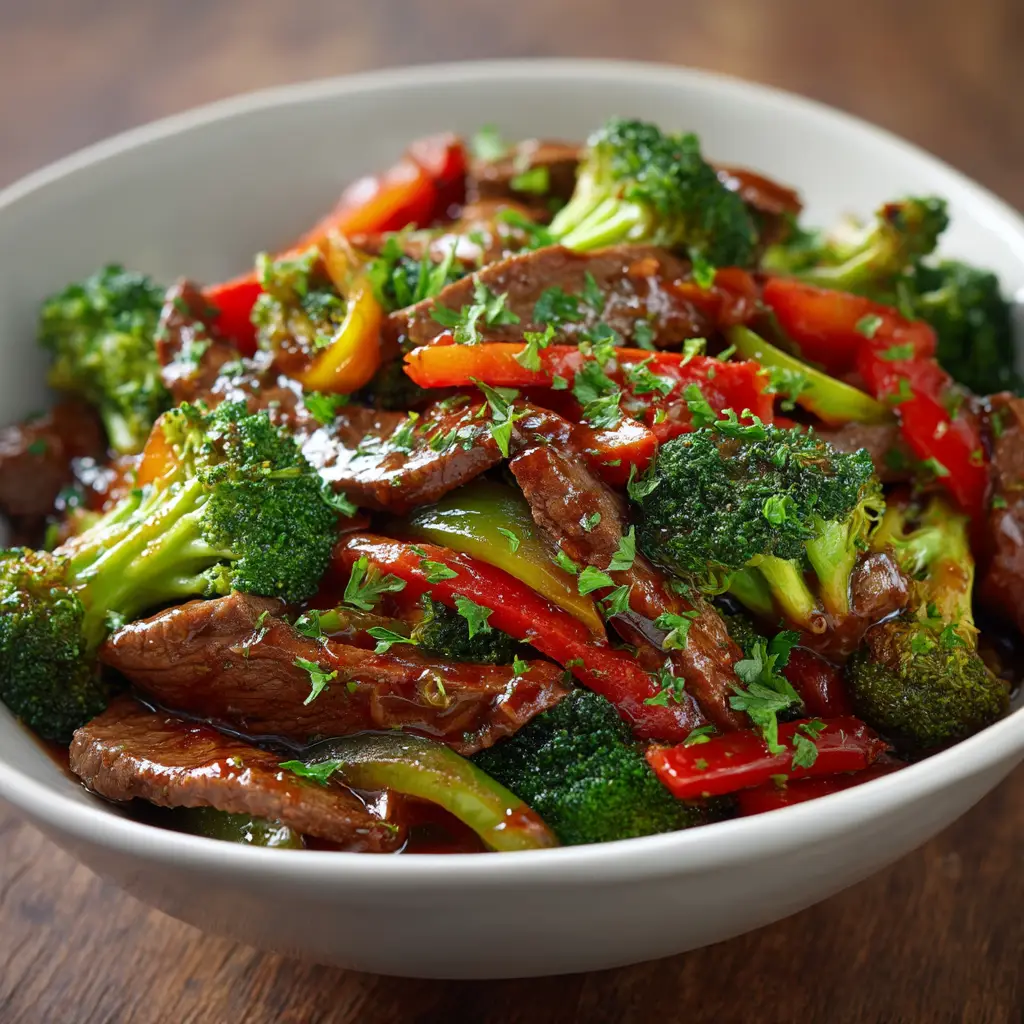A close-up view of the finished beef stir fry, showing the glossy stir fry sauce coating the beef and broccoli.