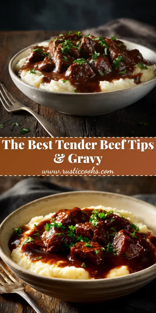 A close-up shot of tender beef tips and gravy served over creamy mashed potatoes in a white bowl, ready to be eaten. The perfect comfort food meal.