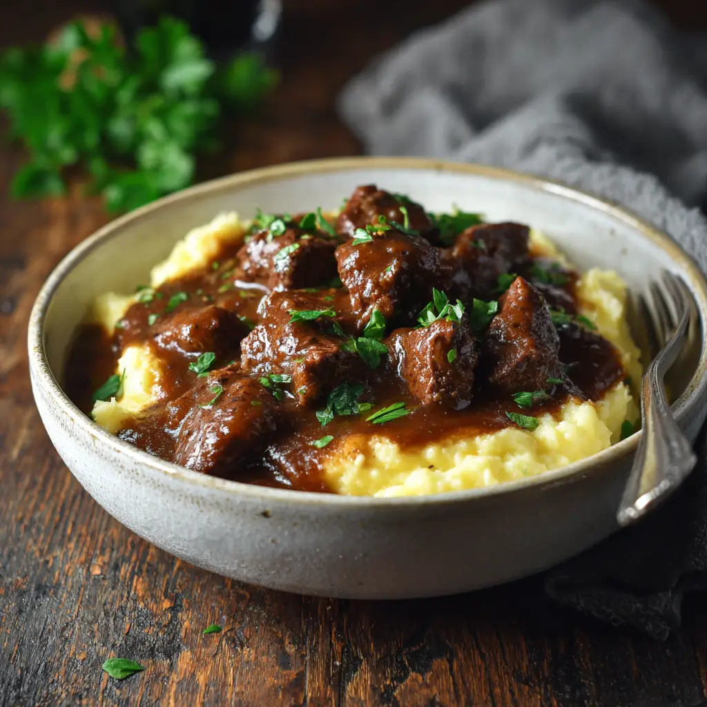 A plate of tender sirloin beef tips served over buttery egg noodles, garnished with fresh parsley.