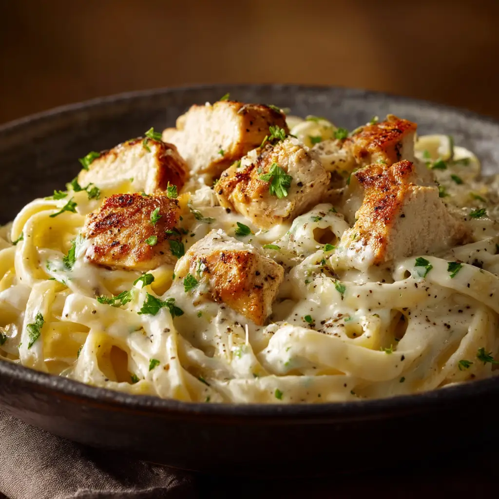 A plate of the finished Chicken Alfredo Recipe, garnished with fresh parsley and cracked black pepper, ready to be served.