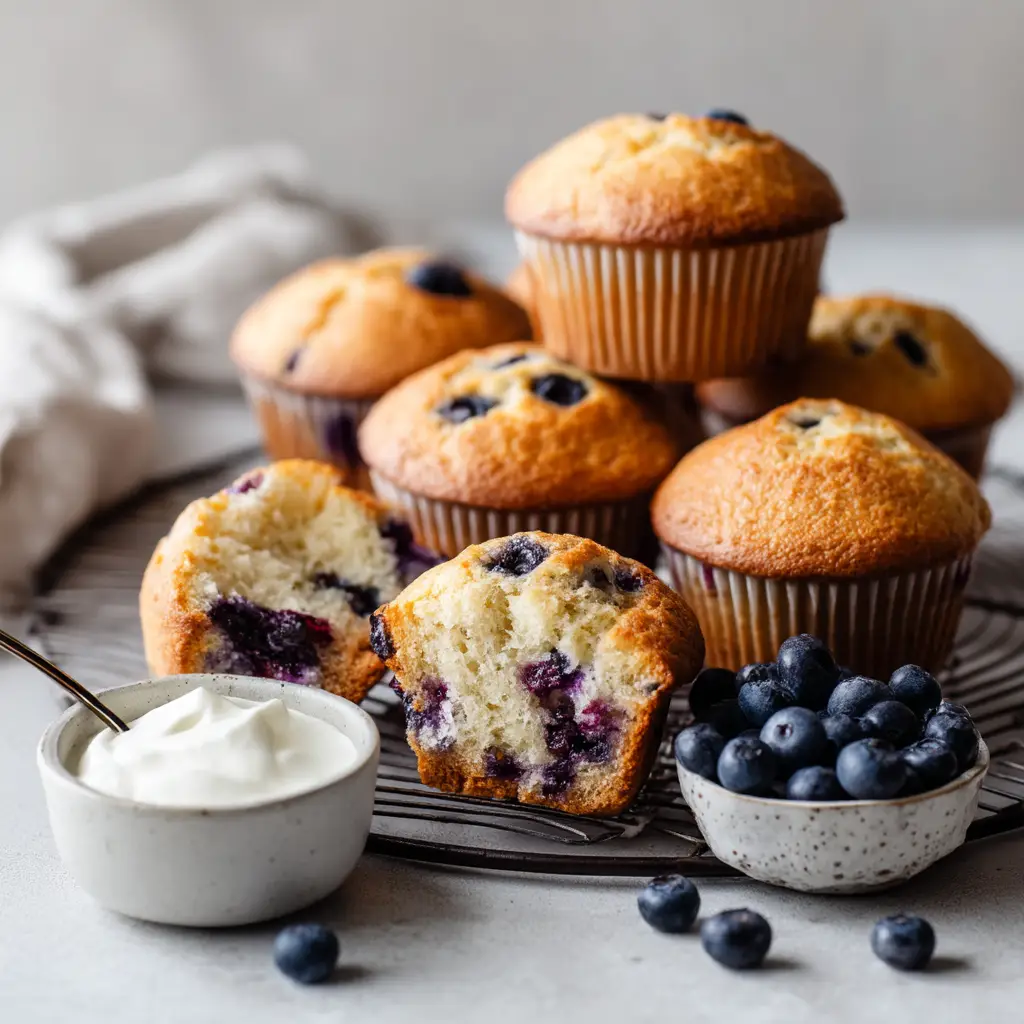 Ingredients for healthy blueberry protein muffins laid out on a clean, white surface, including flour, protein powder, eggs, and blueberries.