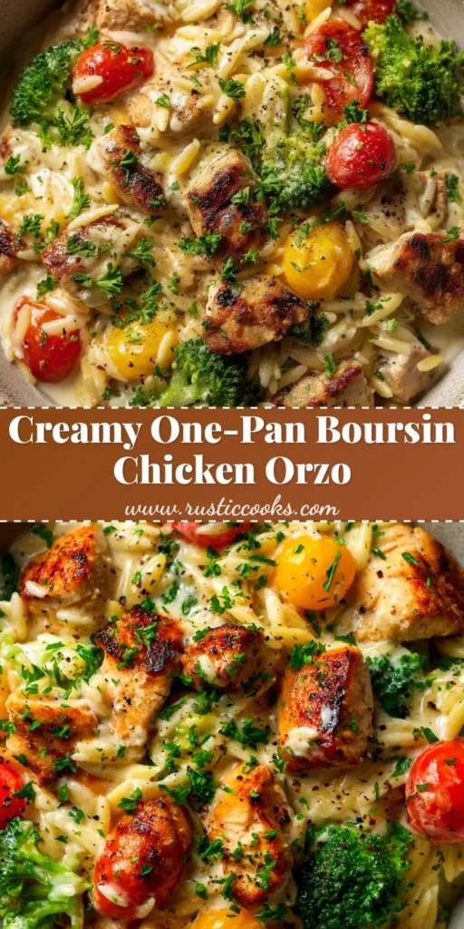 An overhead shot of a white baking dish filled with creamy Boursin Orzo Bake, garnished with fresh basil. The pasta is golden and cheesy, with burst red cherry tomatoes mixed in.