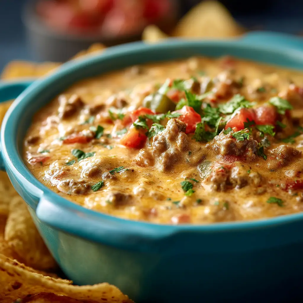 A bowl of delicious sausage Rotel dip fresh from the crockpot, ready to be served with tortilla chips.
