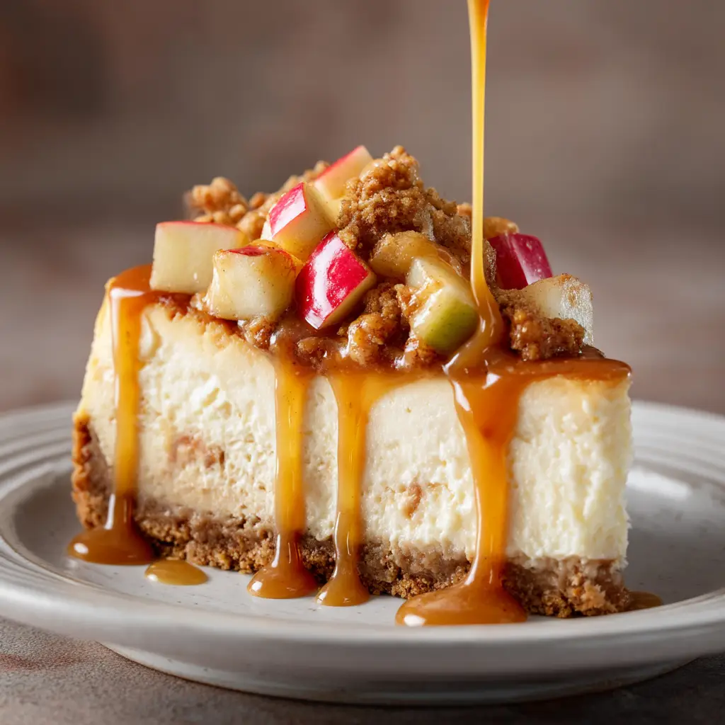 A close-up shot showing the creamy texture of the cheesecake filling and the tender apple pieces on top.