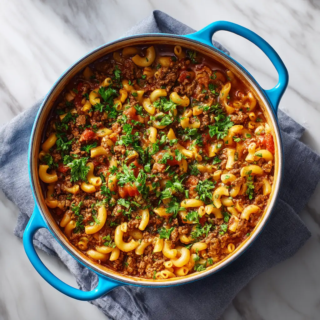 A close-up overhead shot of cheesy ground beef goulash ready to serve.