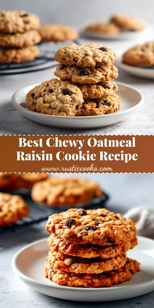 A close-up shot of perfectly baked chewy oatmeal raisin cookies stacked on a wire rack, with one broken in half to show the soft, moist texture inside.