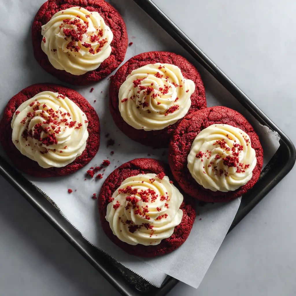 A batch of freshly baked chewy red velvet cookies cooling on a wire rack before being frosted.