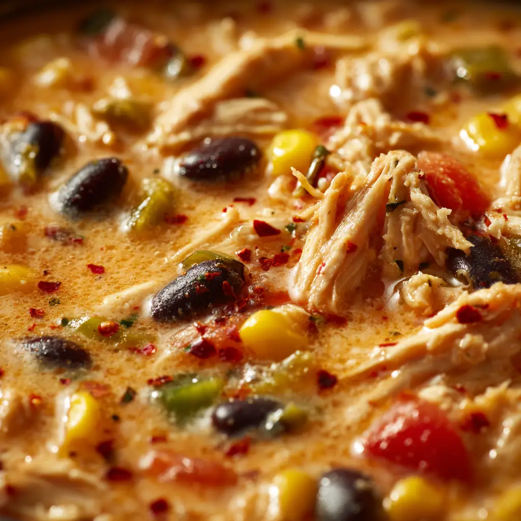 A step-by-step process shot showing the ingredients for the Chick Fil A soup simmering in a Dutch oven before the cream cheese is added.