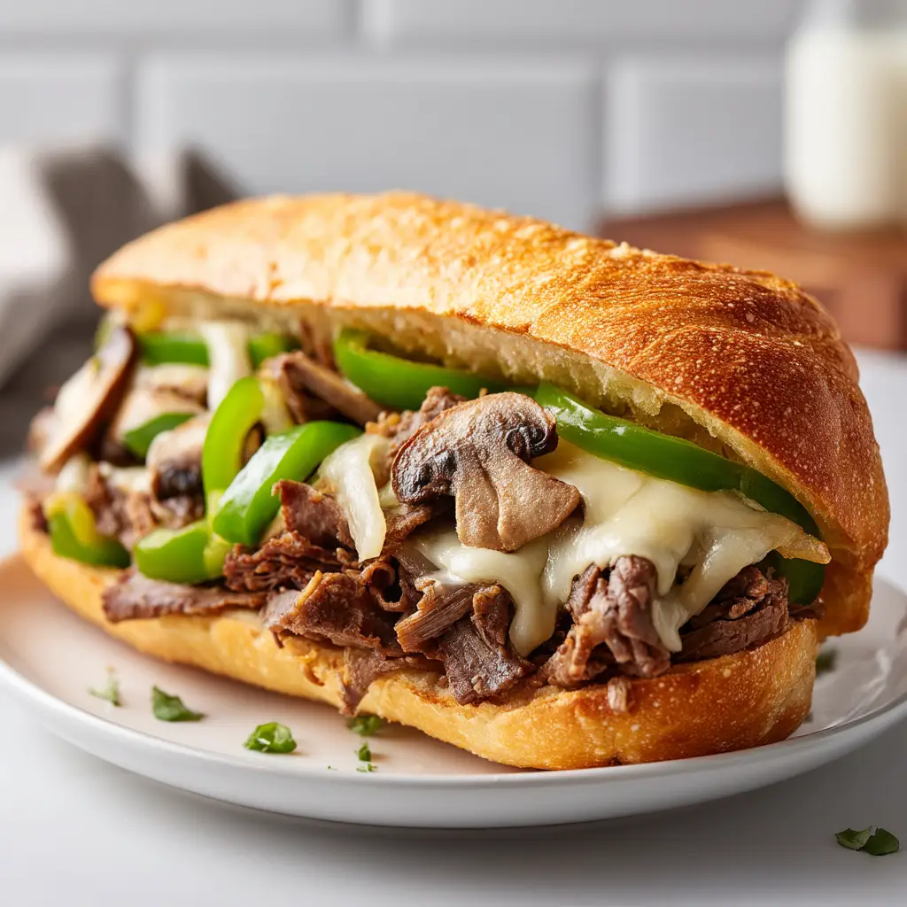 The process of cooking shaved steak and caramelized onions in a skillet for the Philly cheesesteak recipe. The steak is browning beautifully.