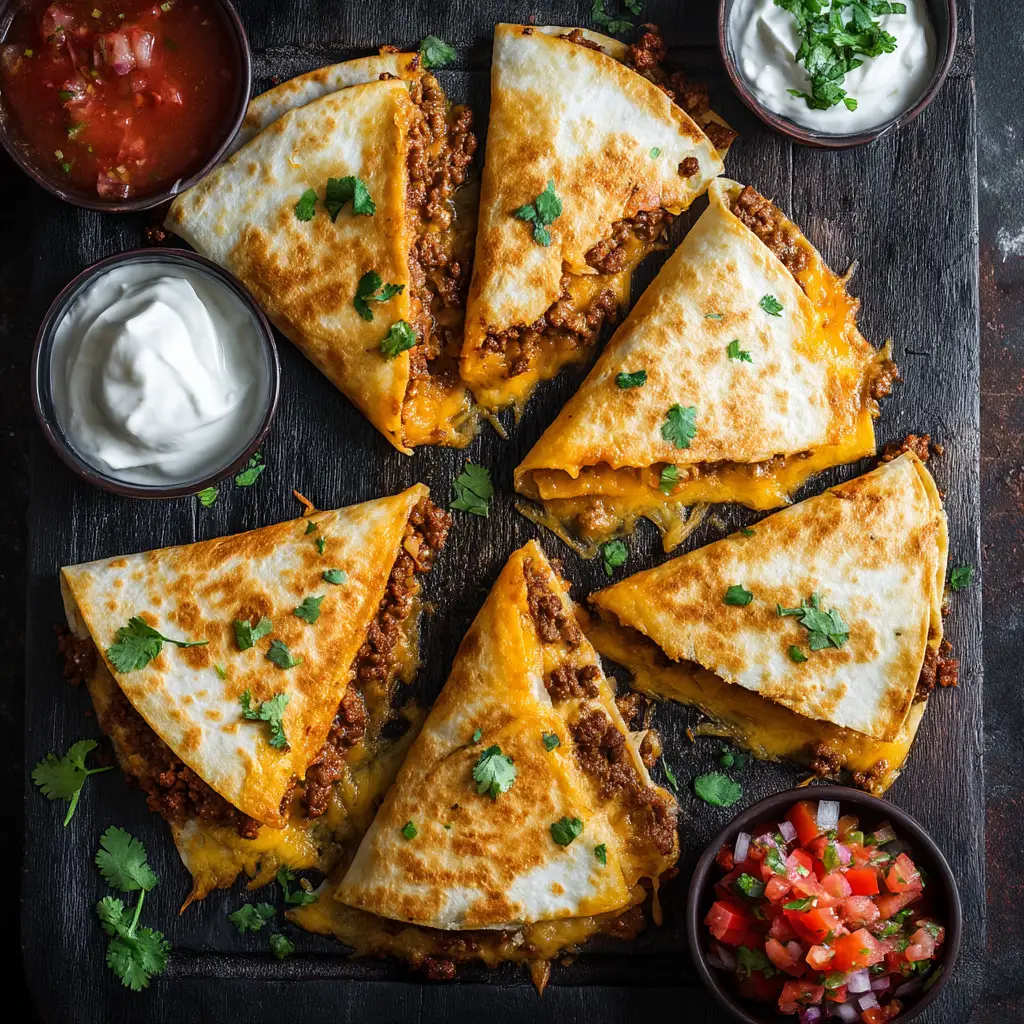 A pan-fried taco meat quesadilla sizzling in a skillet, with cheese melting out of the sides of the crispy tortilla.