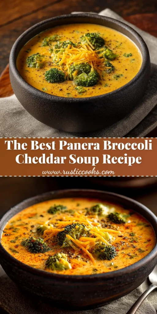 A delicious bowl of creamy Copycat Panera Broccoli Cheddar Soup, garnished with extra shredded cheddar cheese and served in a rustic white bowl.