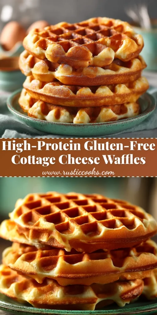 A close-up shot of golden brown Cottage Cheese Waffles on a white plate, topped with fresh berries and a drizzle of maple syrup.