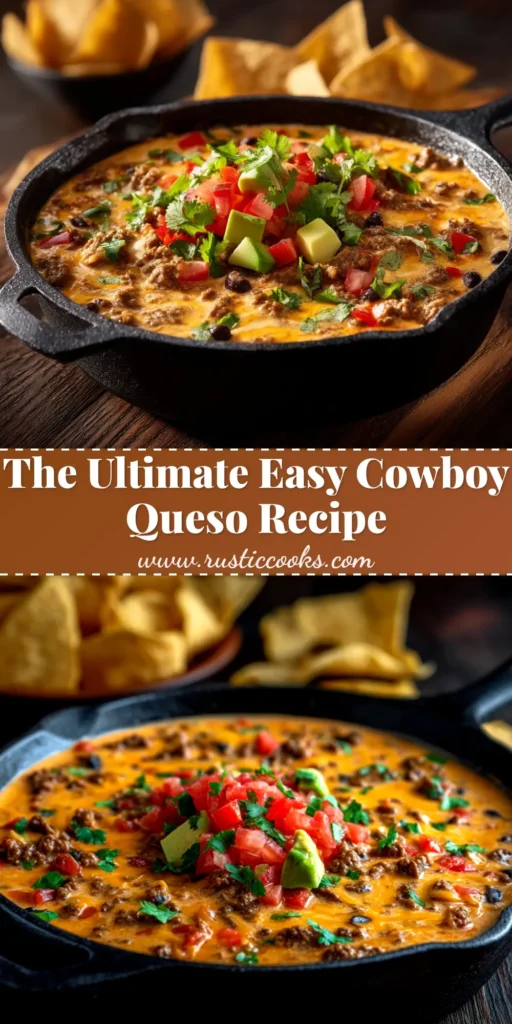An overhead shot of the finished Cowboy Queso Recipe served in a rustic bowl, surrounded by tortilla chips. The dip is thick, cheesy, and topped with fresh cilantro.