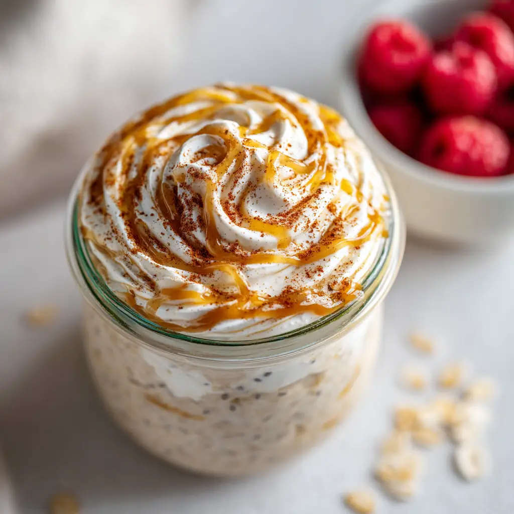 A close-up shot of the finished high protein cinnamon roll overnight oats, layered in a jar and topped with cream cheese frosting.