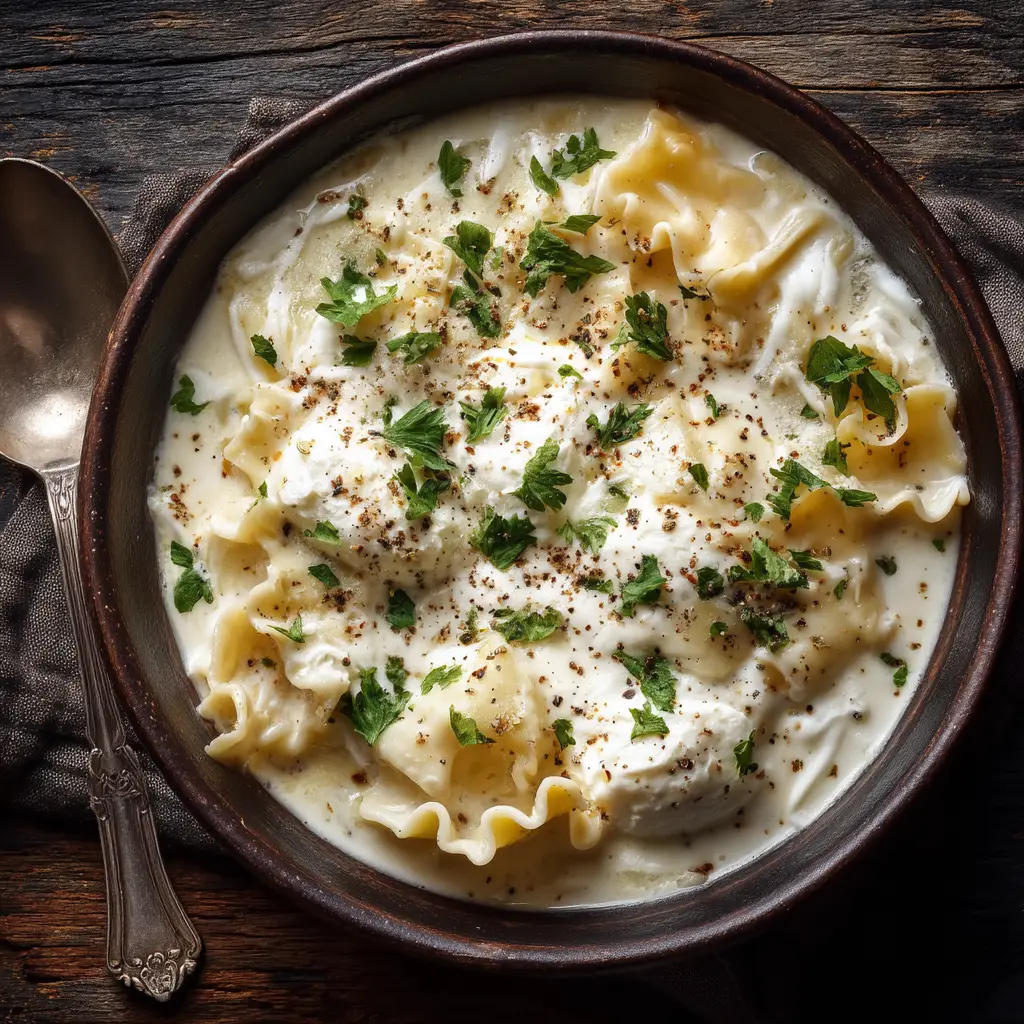 A close-up of the ingredients for White Lasagna Soup, including noodles, cheese, and sausage.