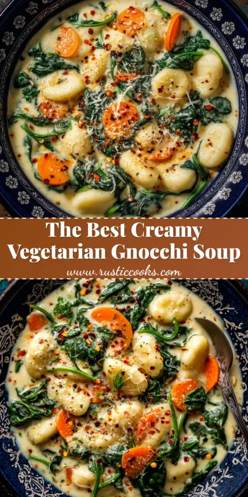 A large white bowl filled with creamy vegetarian gnocchi soup, garnished with fresh herbs. The perfect easy weeknight dinner idea.
