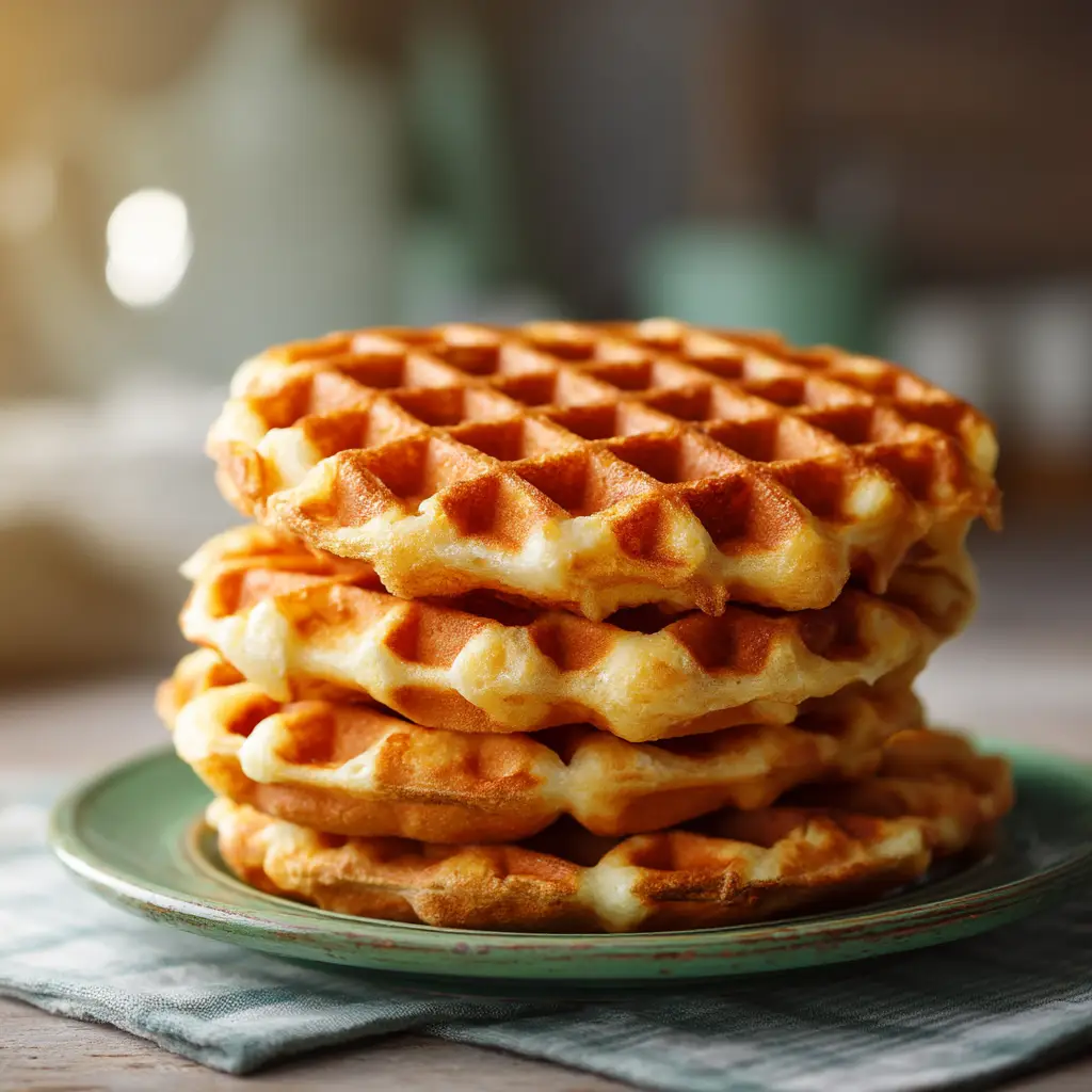 A close-up view of the crispy texture of a golden Belgian-style cottage cheese waffle, showing its light and airy pockets.
