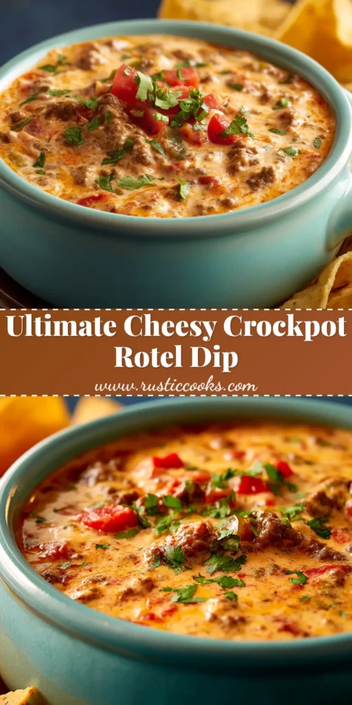 A shareable pin image for the ultimate Crockpot Rotel Dip recipe, showing the creamy, cheesy dip in a bowl with tortilla chips.