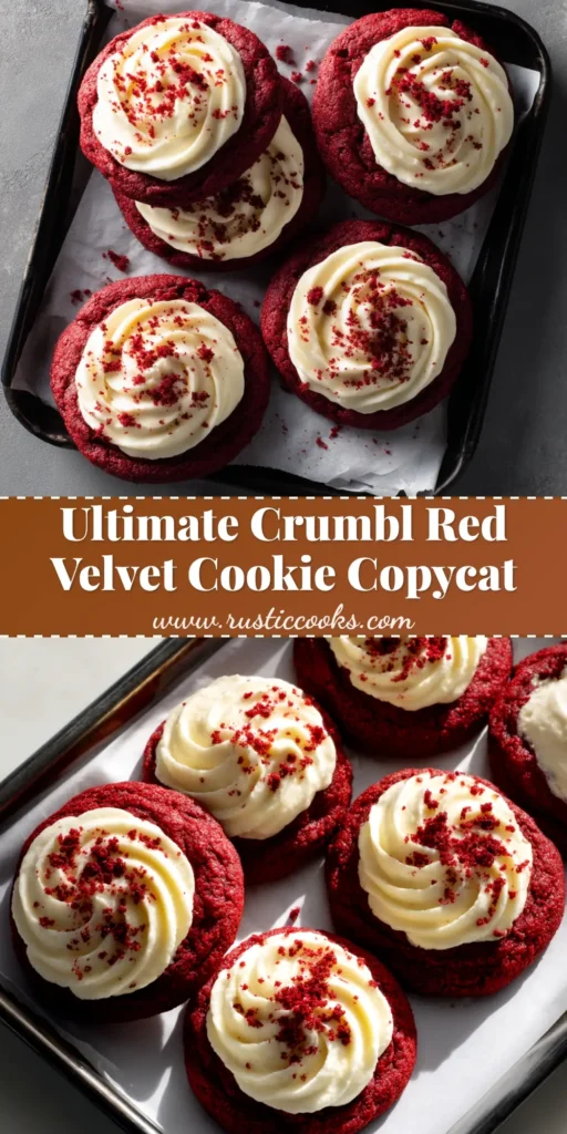 A close-up of a Crumbl Red Velvet Cookie Copycat with a generous swirl of cream cheese frosting, ready to be pinned on Pinterest.