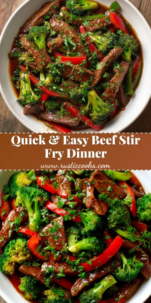 A close-up shot of a delicious beef stir fry in a white bowl with chopsticks. The stir fry is filled with tender beef, broccoli, and red peppers, coated in a savory sauce.