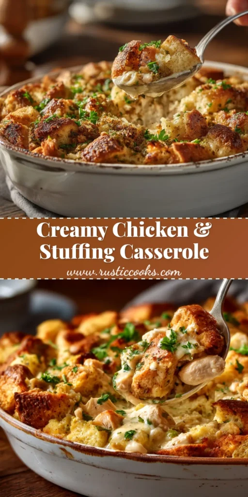 A golden-brown baked chicken and stuffing casserole in a white baking dish, ready to be served. The perfect easy weeknight dinner recipe.